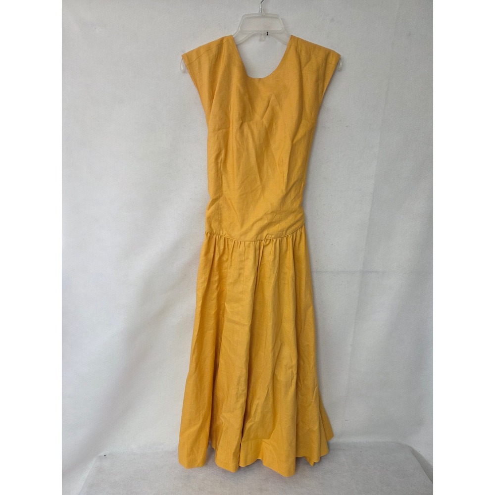 Talbots Petites Vintage 100% Linen Yellow Cross Back Detail Midi Dress Size 8P